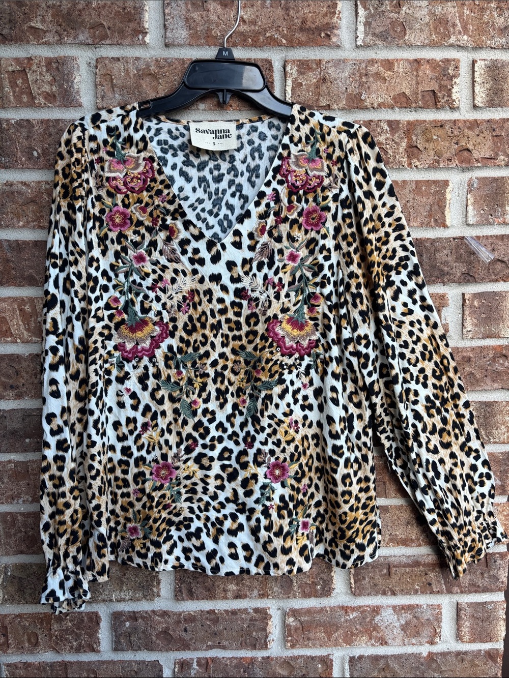 Savanna Jane Leopard Print V-Neck Blouse with Floral Embroidery - Multi-Color